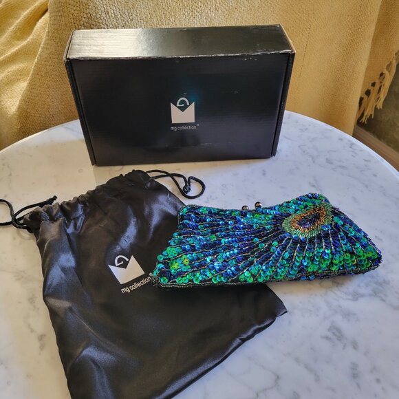 mg Collection Green & Blue Beaded and Sequined Peacock Evening Clutch - Picture 2 of 11